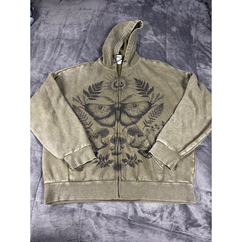 Thorn & Fable Mens Olive Green Moth Mushroom Graphic Zip Up‎ Hoodie Small 348727